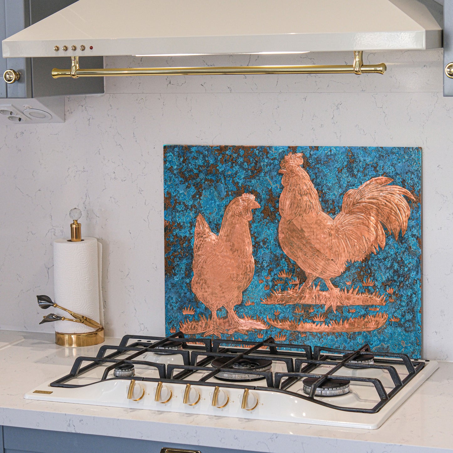 Farmhouse Kitchen Backsplash Tile - Copper Rooster & Chicken - Blue Patina - Natuross