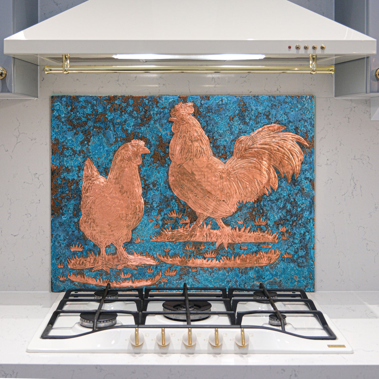 Farmhouse Kitchen Backsplash Tile - Copper Rooster & Chicken - Blue Patina - Natuross