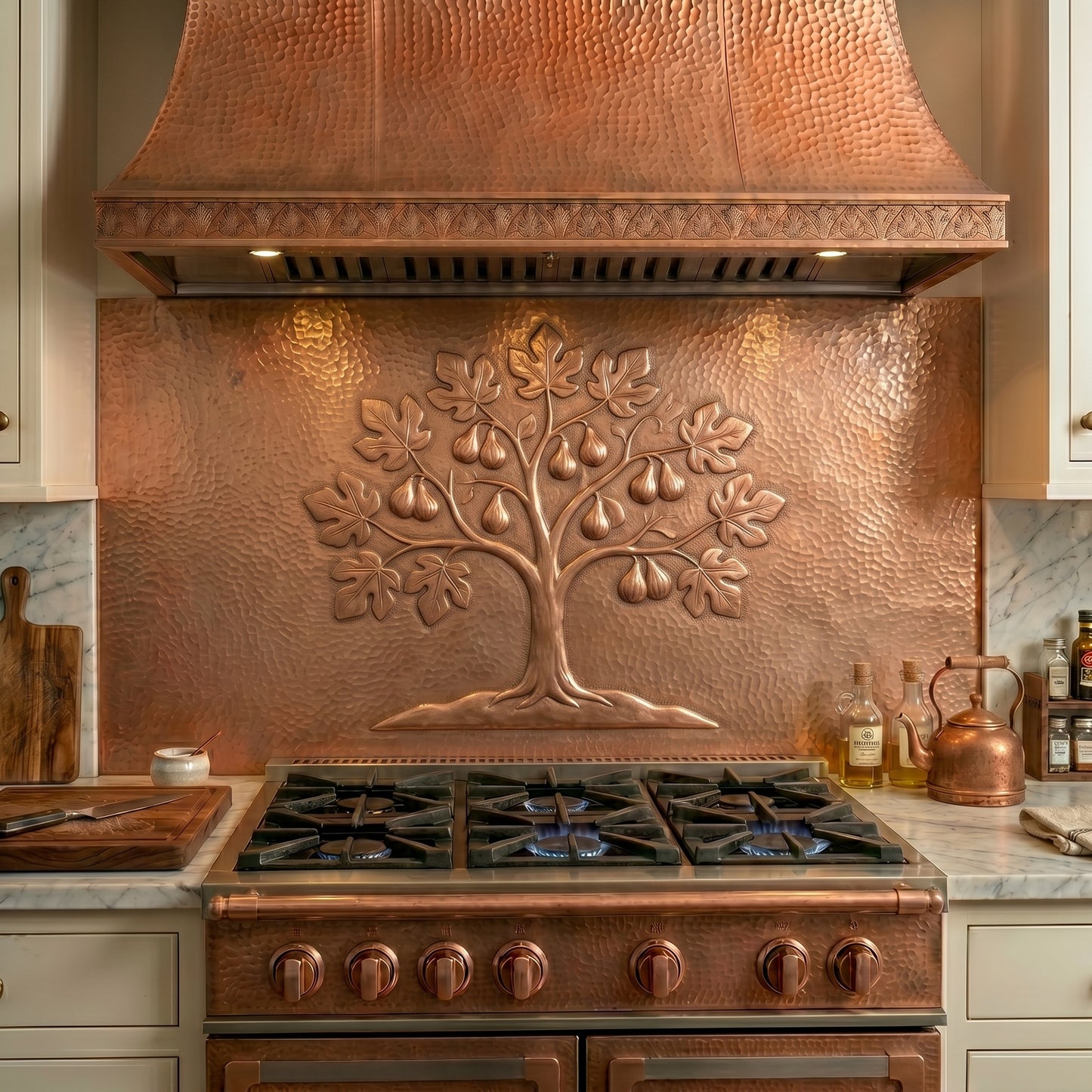 Handmade copper kitchen backsplash featuring a fig tree with ripe fruit. Real copper wall decor for kitchens, fireplaces, feature walls, dining rooms, outdoor kitchens, and custom full-wall backsplash designs.