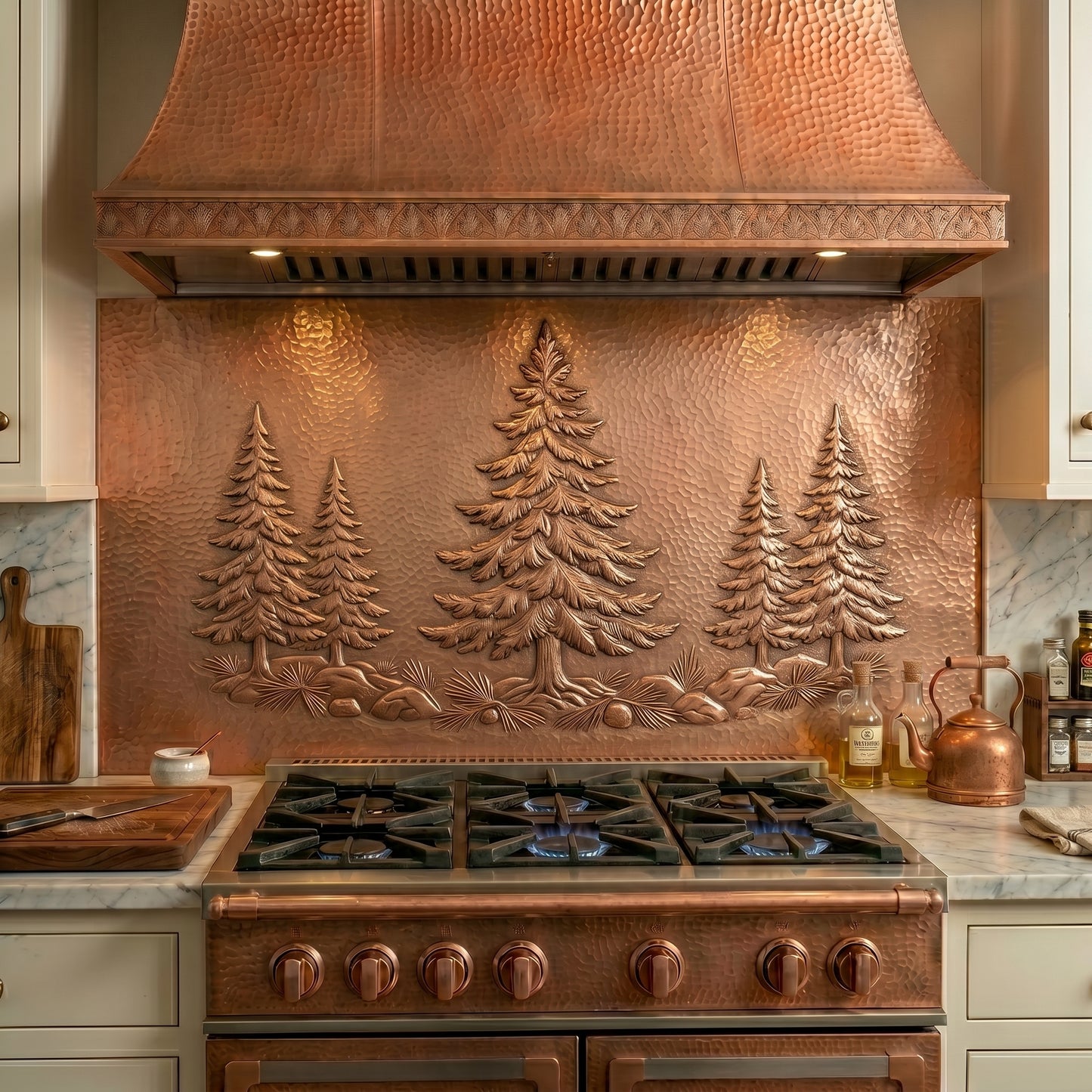 Handmade copper kitchen backsplash featuring a fir forest landscape. Real copper wall decor for kitchens, fireplaces, cabins, lodges, feature walls, and custom full-wall backsplash designs.