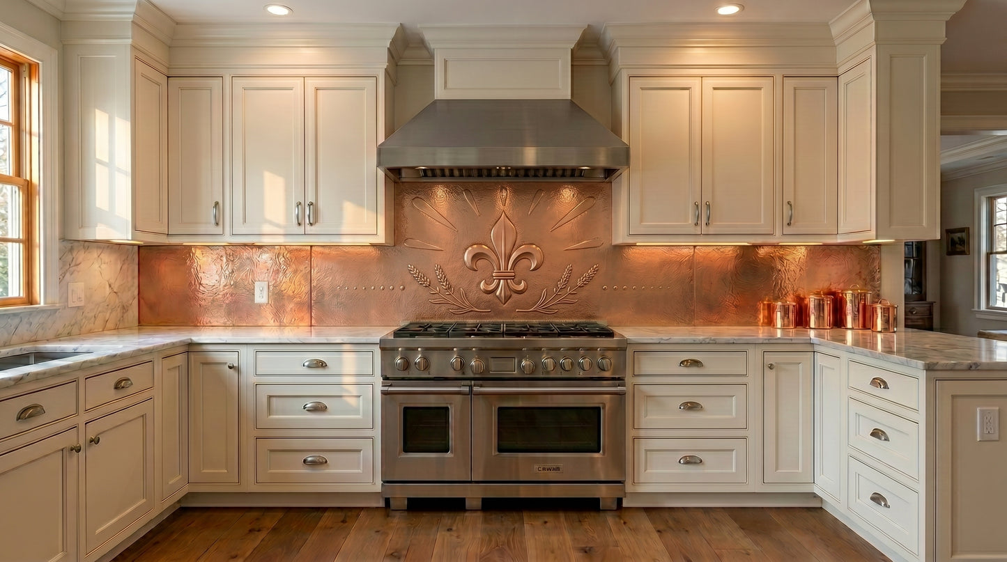 Handcrafted fleur-de-lis copper large format kitchen backsplash featuring raised copper relief and architectural detailing. Custom made from real copper for luxury kitchens, professional ranges, and large-scale custom backsplash installations.