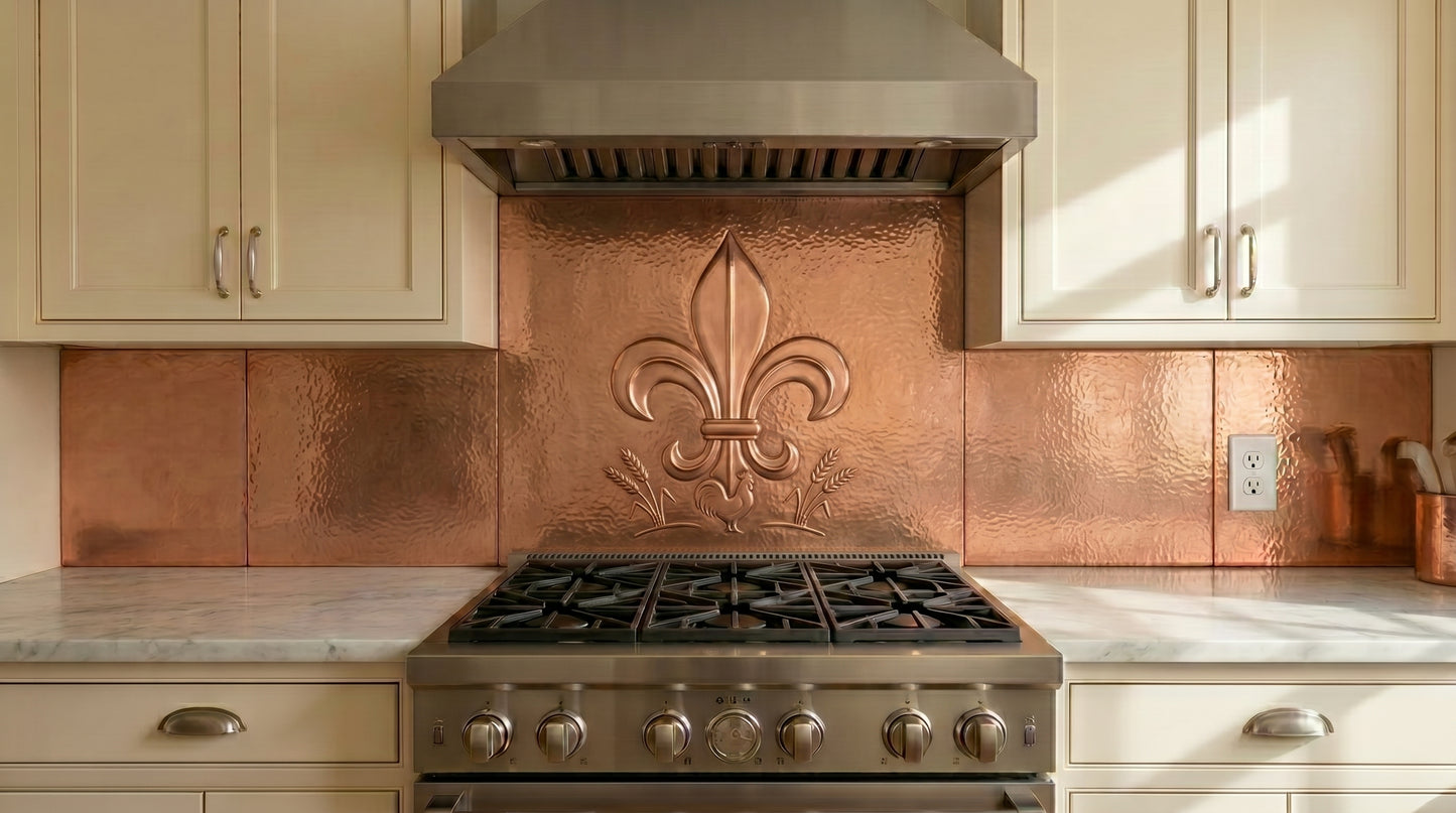 Handcrafted copper stove backsplash featuring a raised fleur-de-lis design. Real copper kitchen backsplash inspired by French Country and Louisiana style. Custom sizes and finishes available.