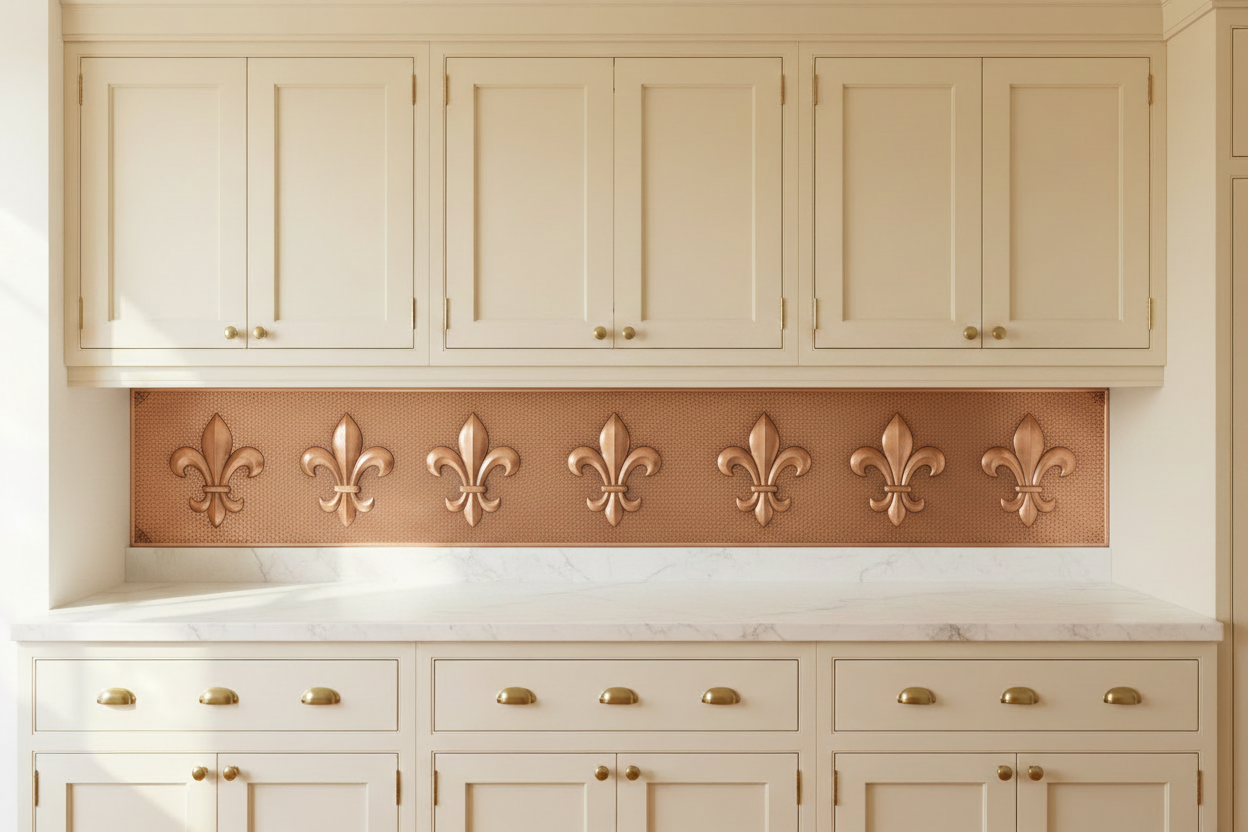 Wide copper panel filling full under-cabinet wall space in cream ivory kitchen — classic fleur-de-lis symbols repeating in repoussé relief across 72-inch wide panel, warm natural copper tone, fine stipple background, cream shaker upper cabinets, white marble countertop, elegant traditional kitchen