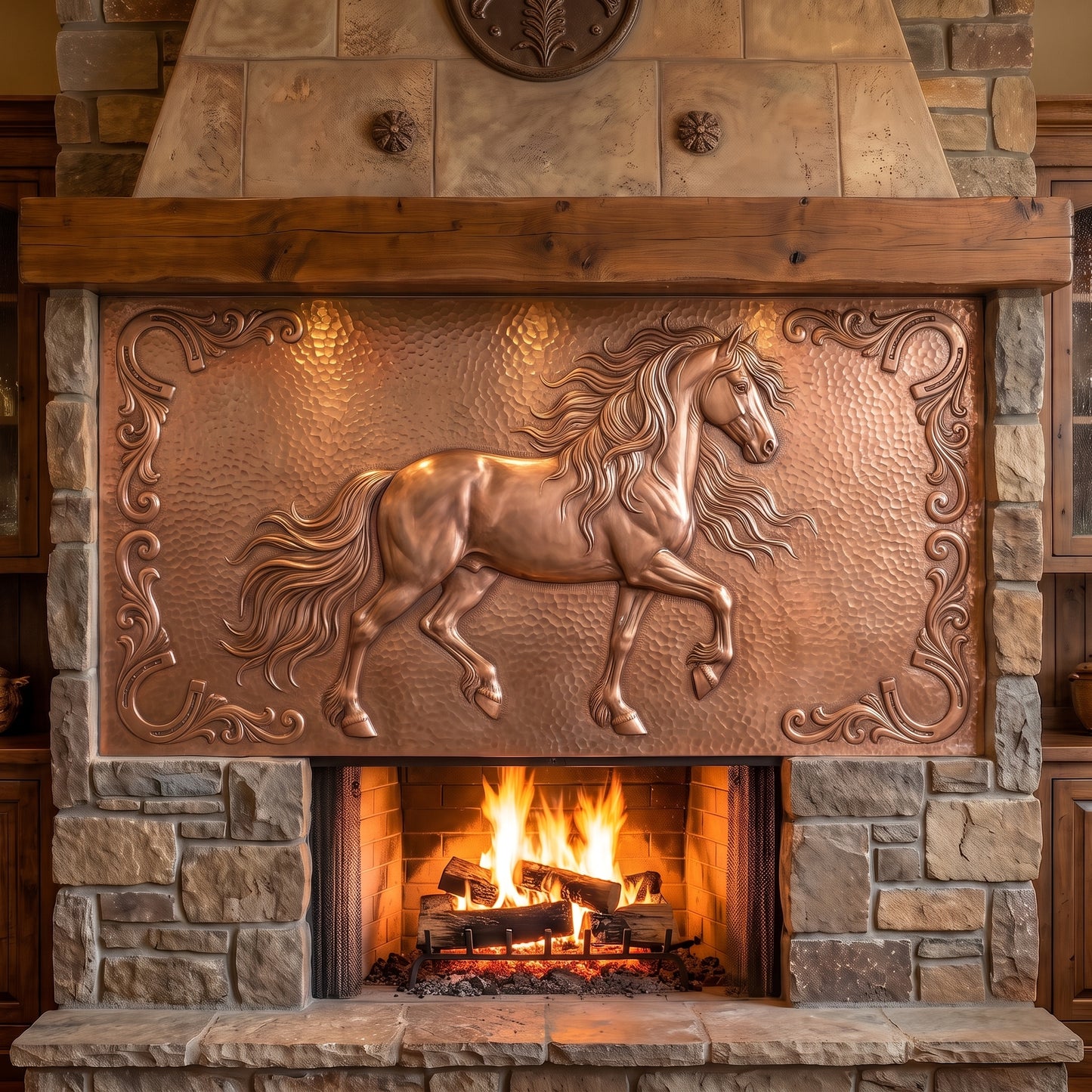 Large handmade Friesian horse portrait in copper with raised horse relief, flowing mane and tail, decorative scrollwork and horseshoe details displayed above a rustic stone fireplace.