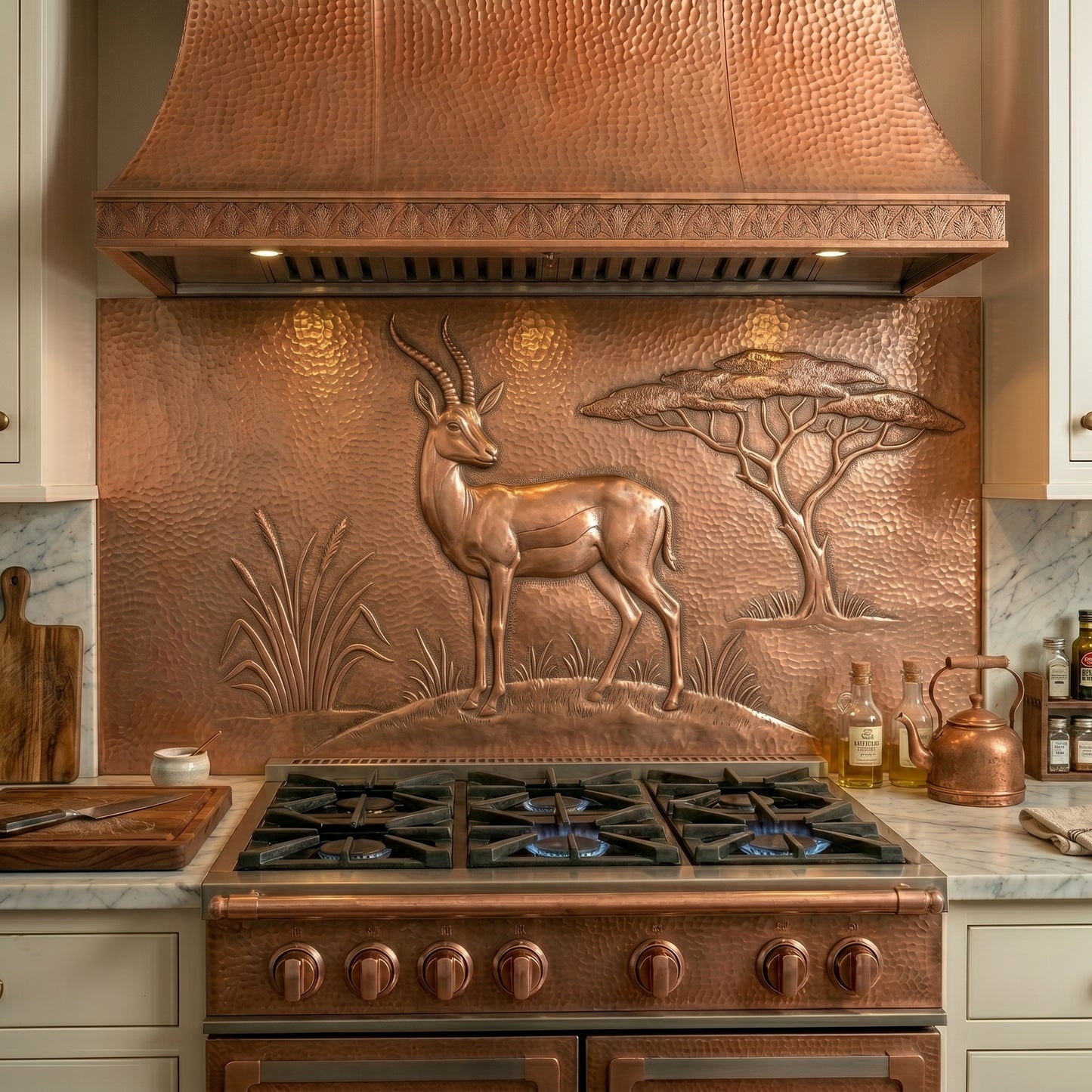 Handmade gazelle copper kitchen backsplash behind the stove. Custom wildlife wall decor for safari-inspired homes, African decor, nature lovers, and elegant kitchens.