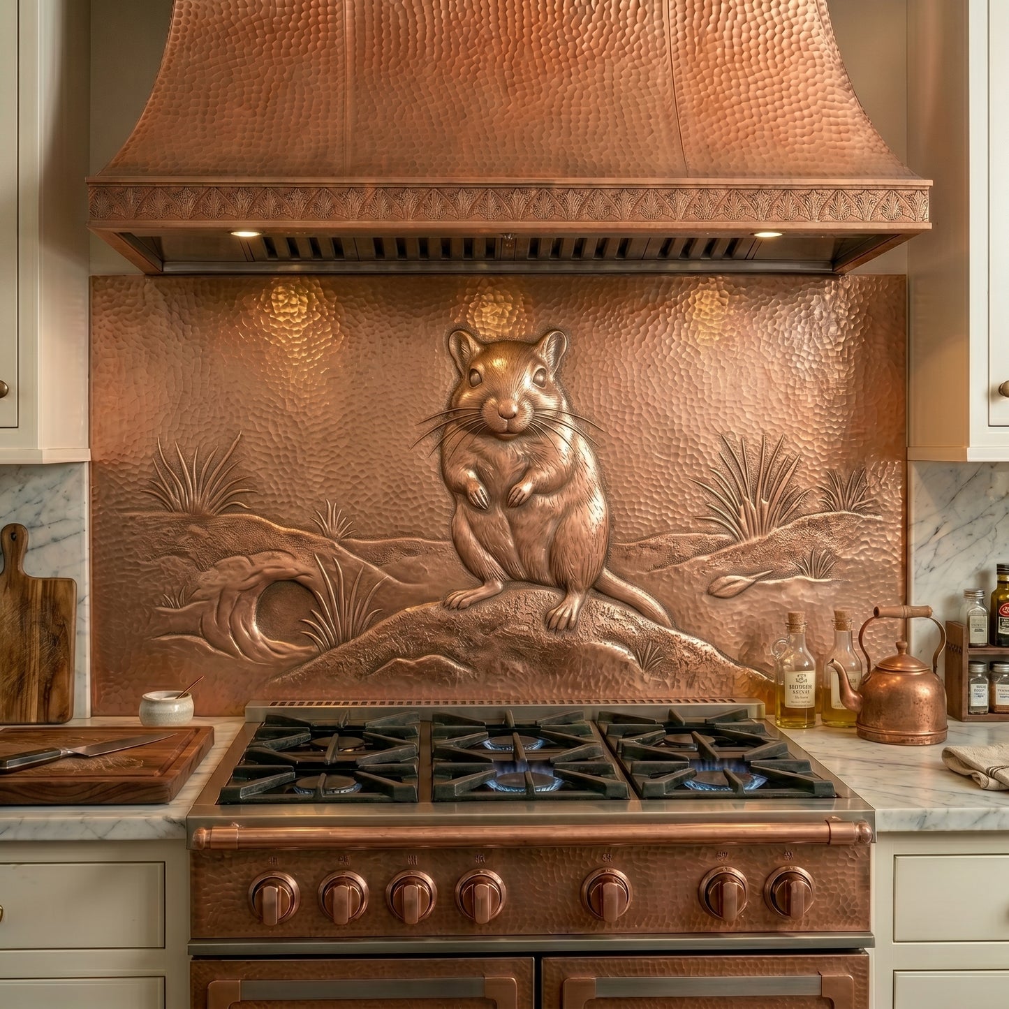 Handmade gerbil copper kitchen backsplash behind the stove. Custom small animal wall decor for cottage kitchens, farmhouse homes, nature lovers, and whimsical interiors.