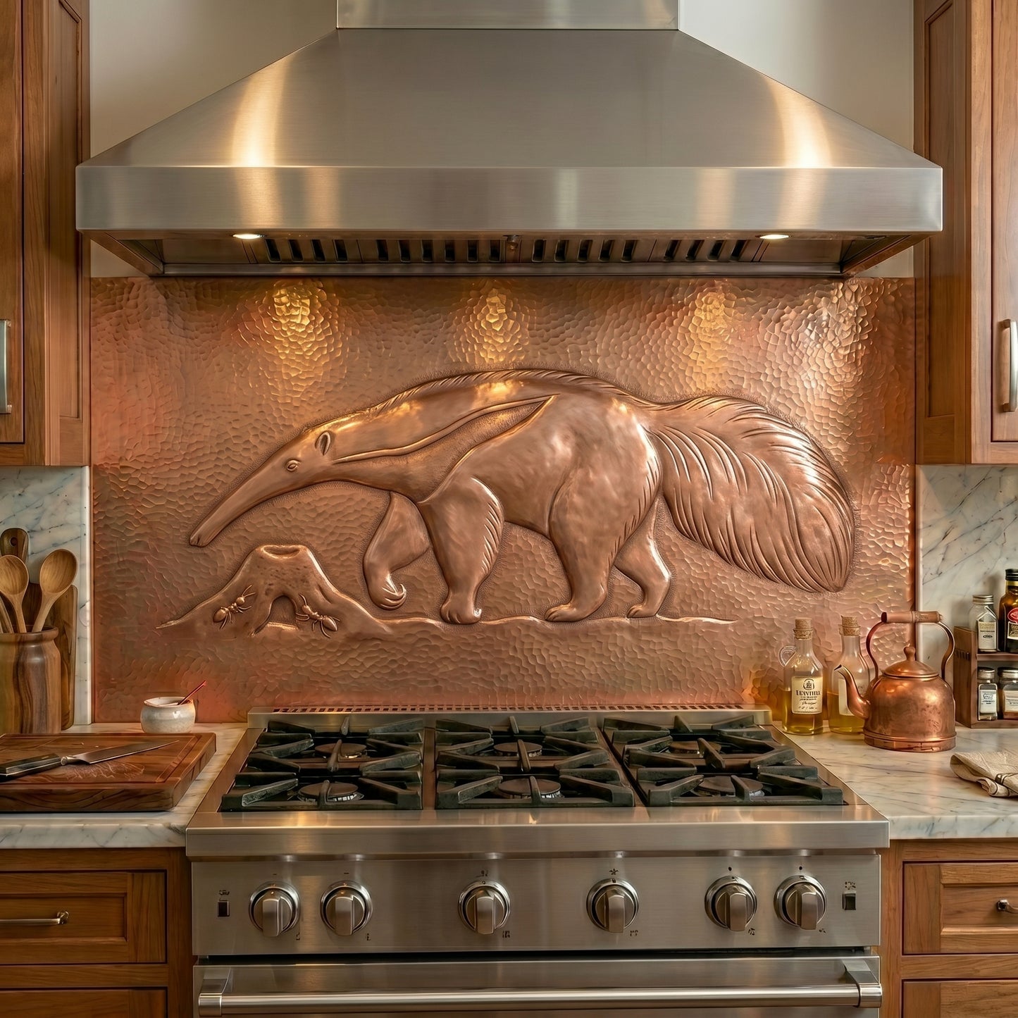 Handmade copper backsplash featuring a giant anteater beside an anthill. Unique wildlife kitchen art inspired by South American nature and craftsmanship.