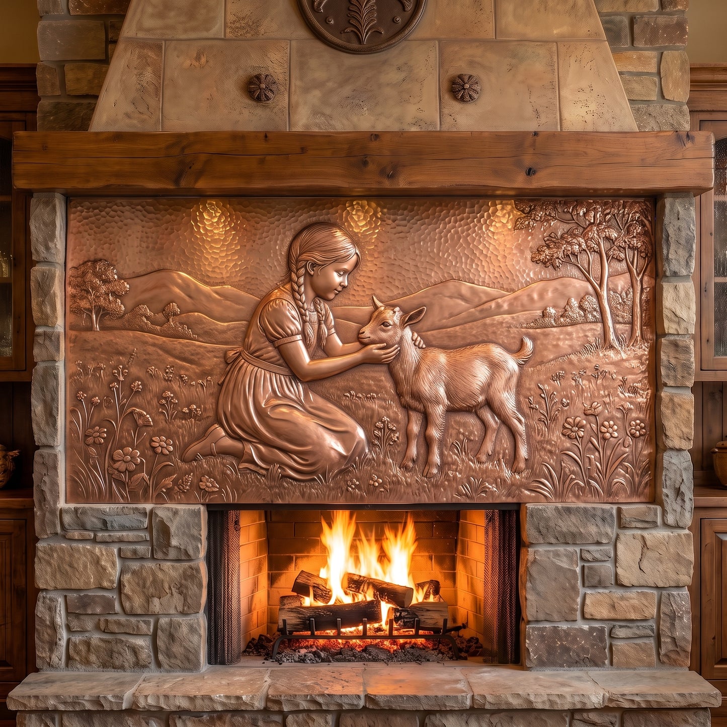Hand-hammered copper farm wall art displayed above a stone fireplace, featuring a young girl kneeling beside and gently holding a baby goat in a wildflower meadow with rolling hills, trees, and countryside in detailed raised copper relief.