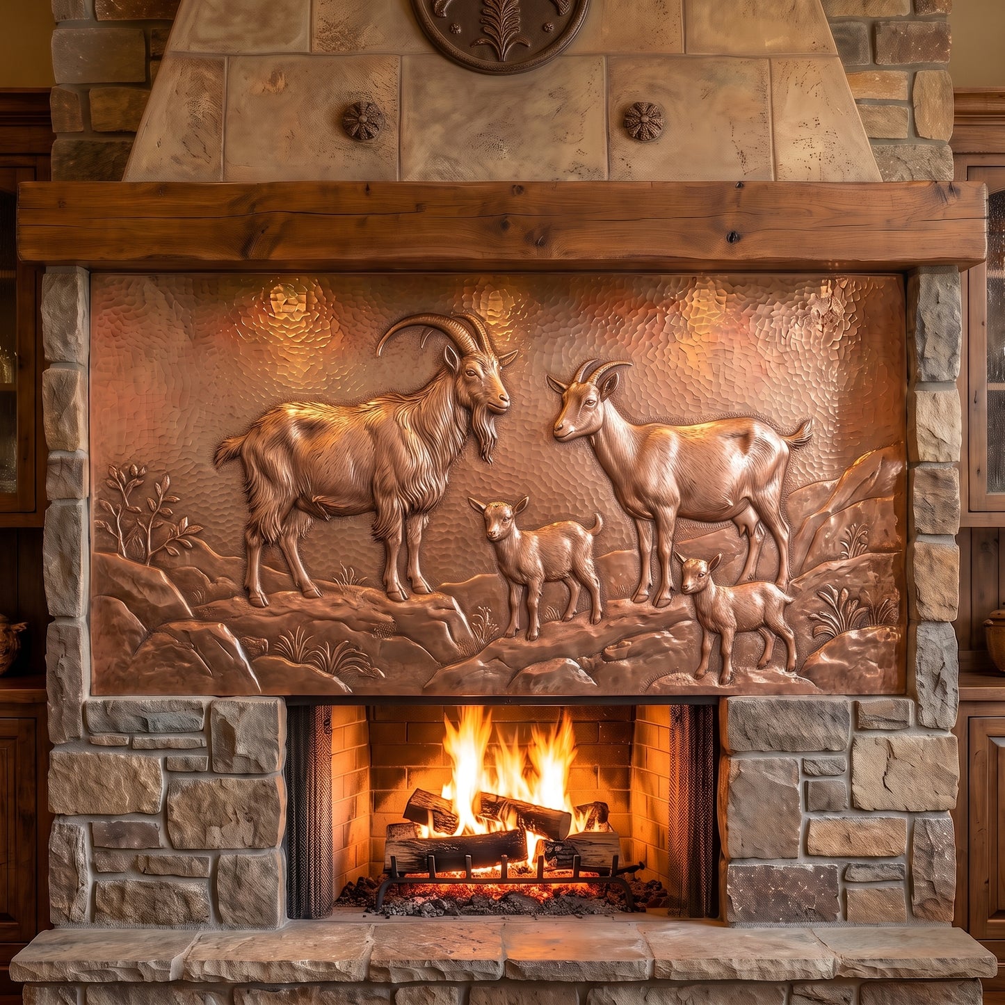 Hand-hammered goat family wall art made from real copper, displayed above a stone fireplace and featuring a horned buck, doe, and two baby goats standing together in a rocky landscape with plants and hills in detailed raised copper relief.