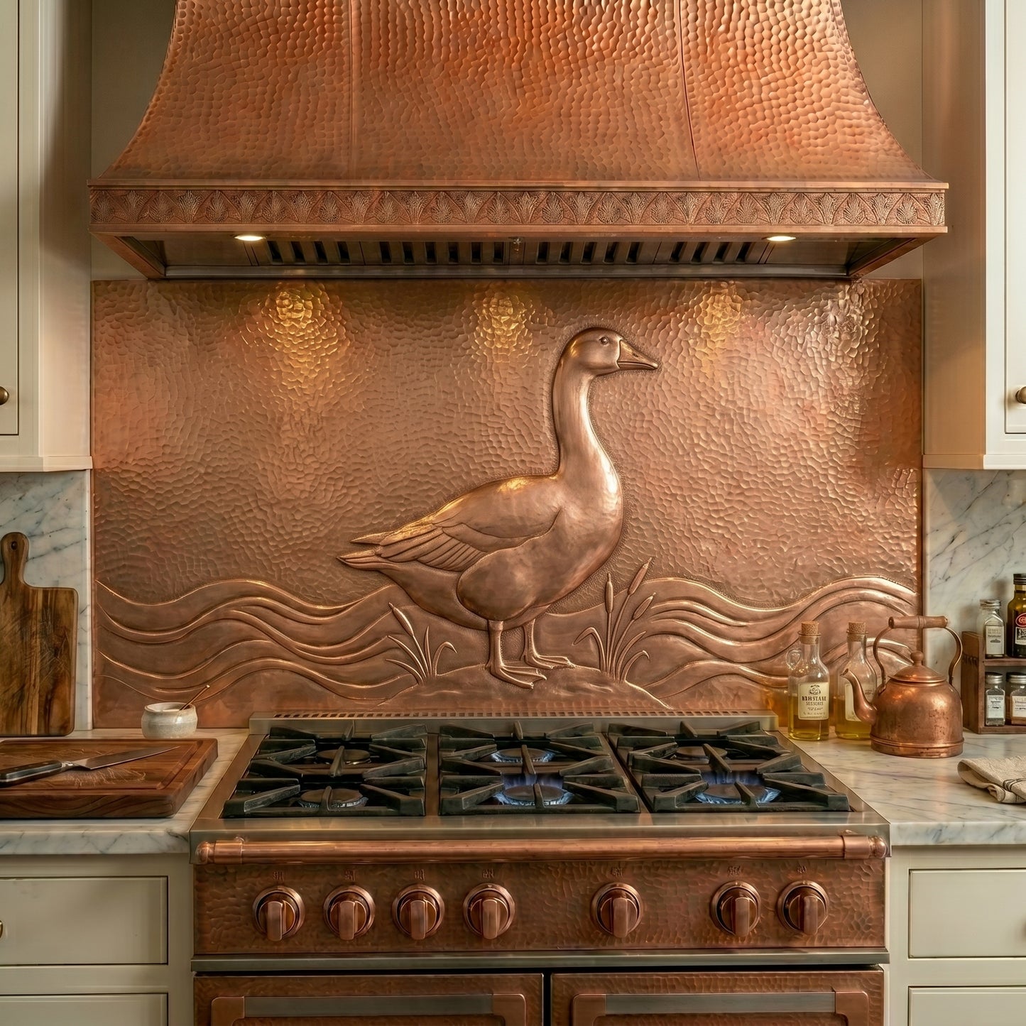 Handmade goose copper kitchen backsplash for behind the stove. Custom bird wall decor for farmhouse kitchens, lake houses, country homes, and waterfowl enthusiasts.