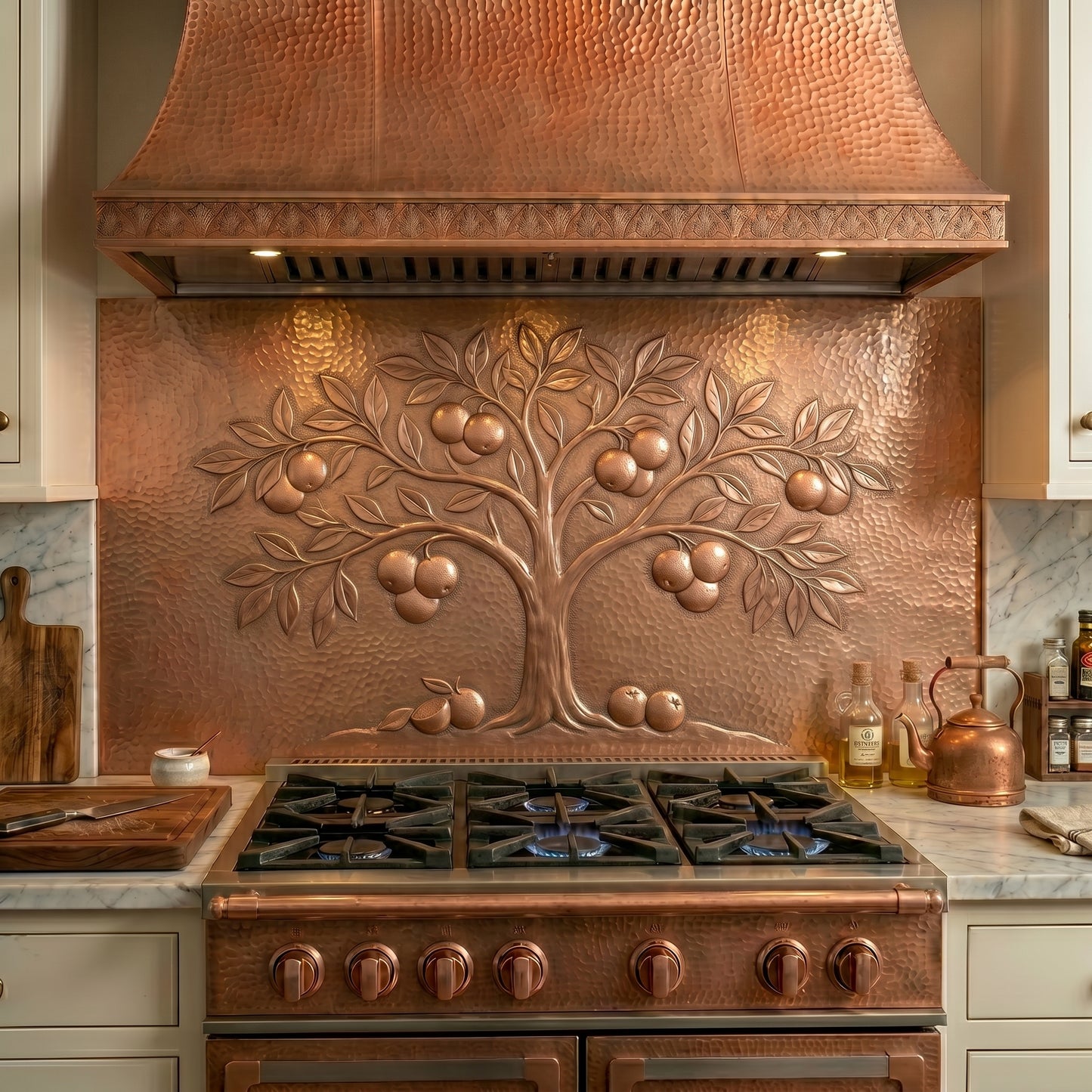 Handcrafted copper kitchen backsplash featuring a mature Grapefruit tree laden with clusters of ripe fruit. Inspired by the sun-drenched orchards of the American South and Southwest, this design brings warmth, abundance, and the beauty of citrus harvests into the heart of the home.