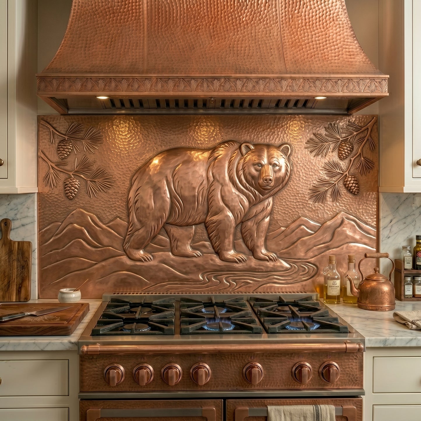 Handmade bear copper kitchen backsplash for behind the stove. Custom wildlife wall decor for cabin kitchens, lodge homes, mountain retreats, and bear lovers.