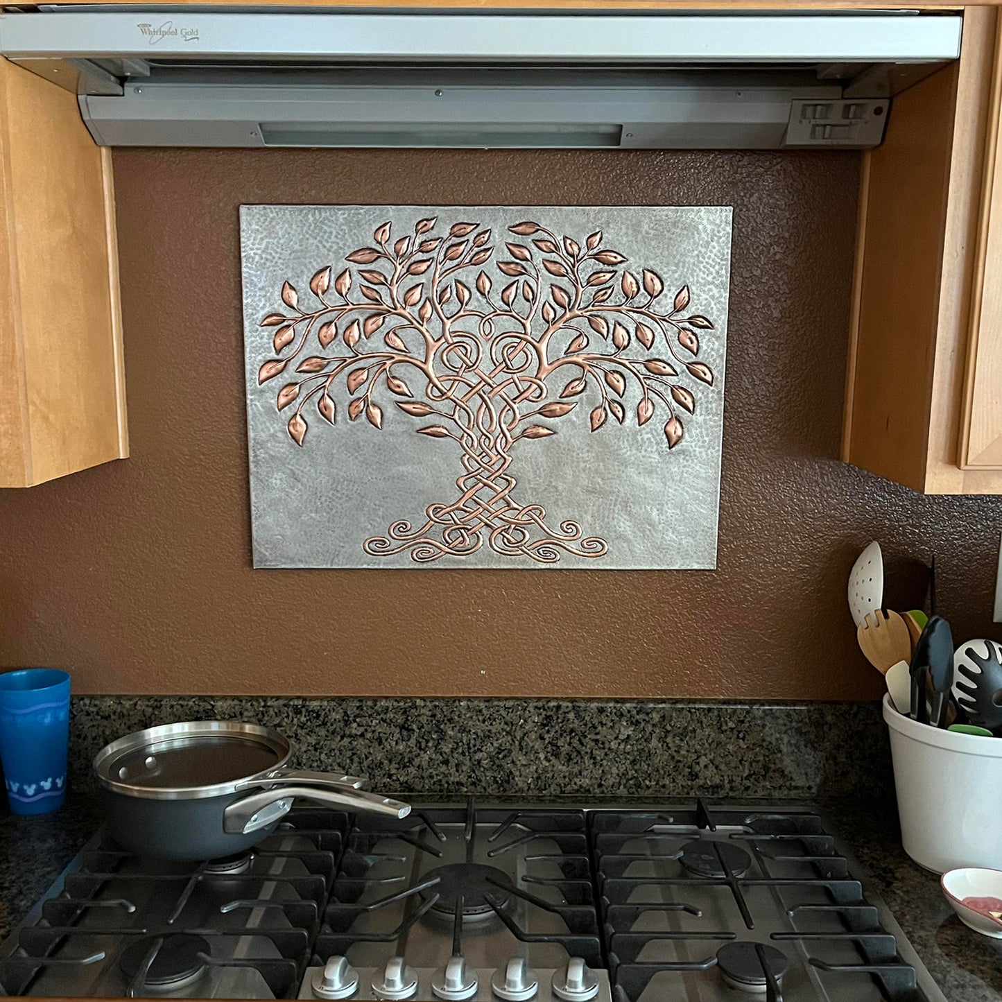 Celtic Tree of Life Copper Backsplash – Gray & Copper Patina | Custom Handmade Kitchen Wall Tile - Natuross