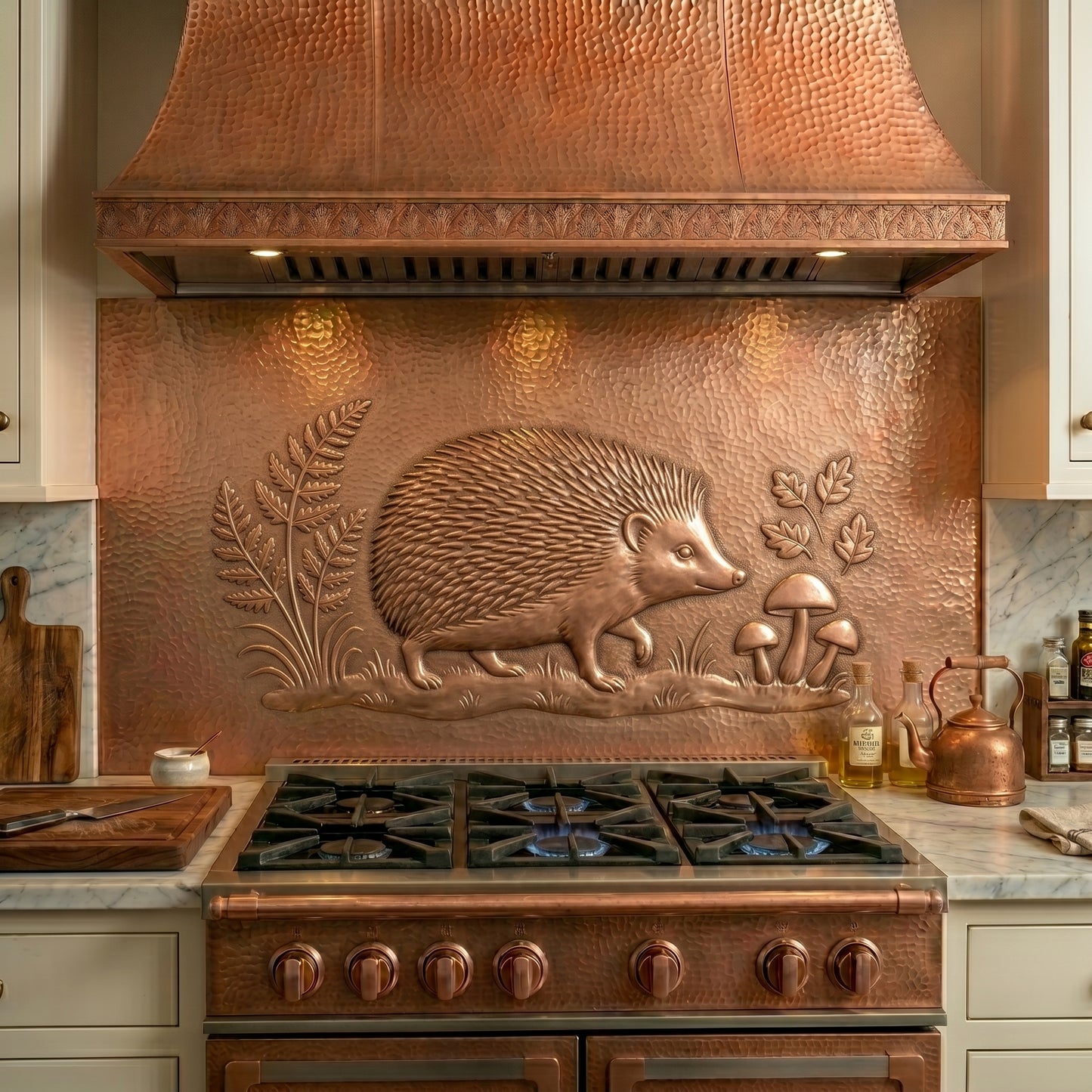Handmade hedgehog copper kitchen backsplash behind the stove. Custom woodland wall decor for cottage kitchens, nature lovers, garden homes, and rustic interiors.