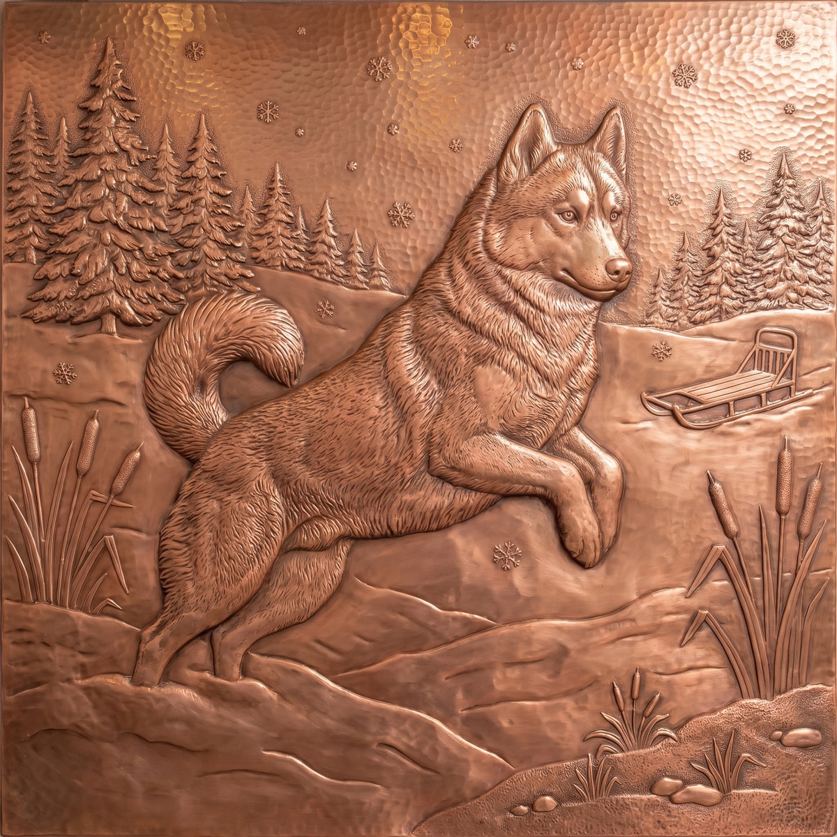 Husky in the Mountains Copper Wall Art