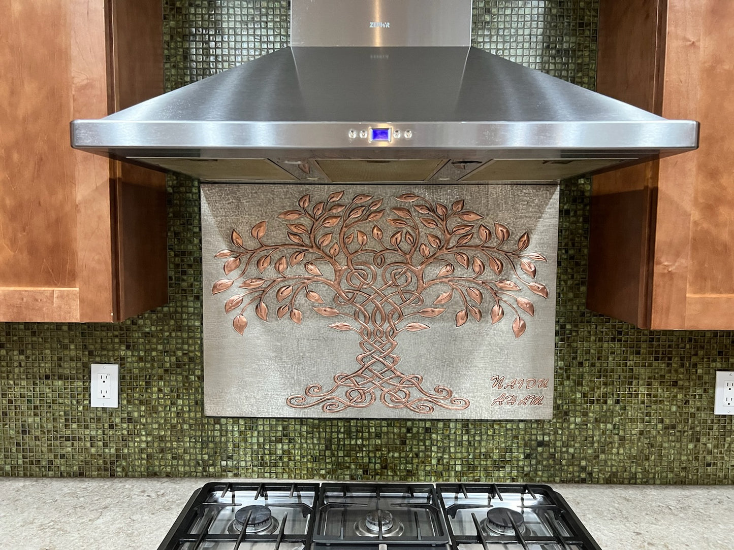 Celtic Tree of Life Copper Backsplash – Gray & Copper Patina | Custom Handmade Kitchen Wall Tile - Natuross