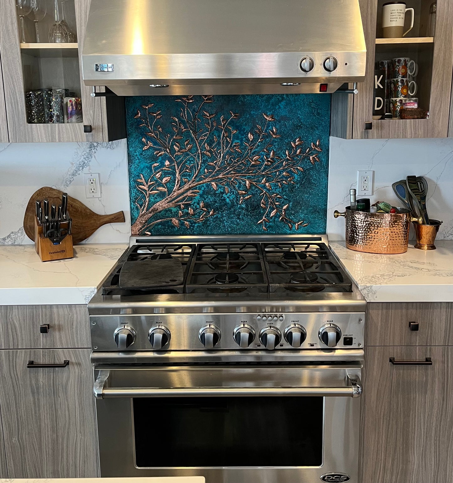 Blue Copper Tree Branches Backsplash | Artistic Handmade Copper Kitchen Backsplash Panel - Natuross