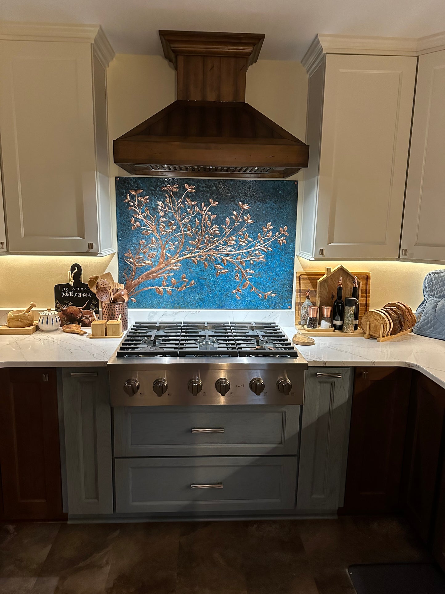 Blue Copper Tree Branches Backsplash | Artistic Handmade Copper Kitchen Backsplash Panel - Natuross