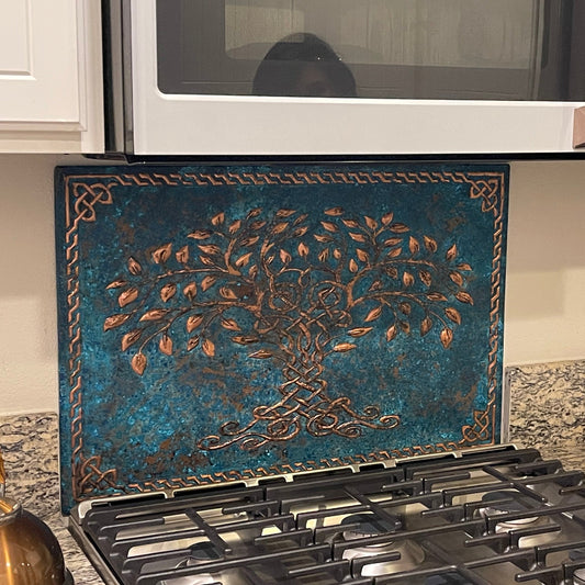 Copper Backsplash Panel (Celtic Tree of Life with Border, Blue Patina)