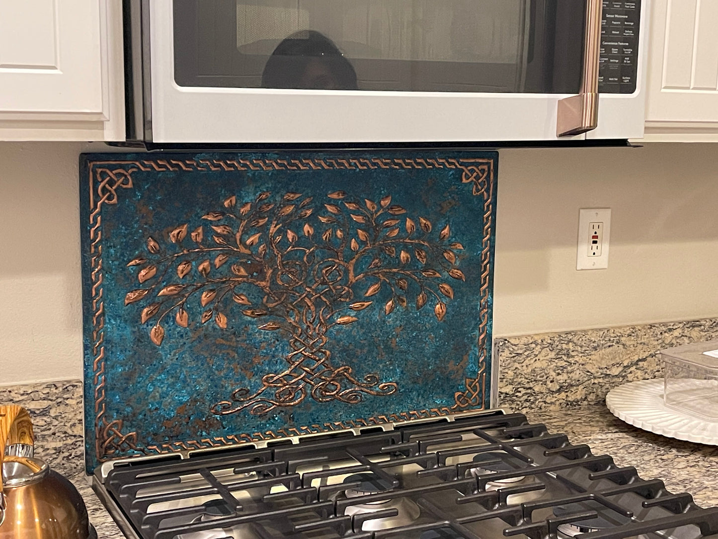 Blue Tree of Life Copper Backsplash | Artistic Handmade Patina Copper Kitchen Wall Art - Natuross