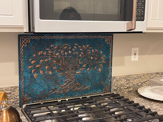 Blue Tree of Life Copper Backsplash | Artistic Handmade Patina Copper Kitchen Wall Art - Natuross