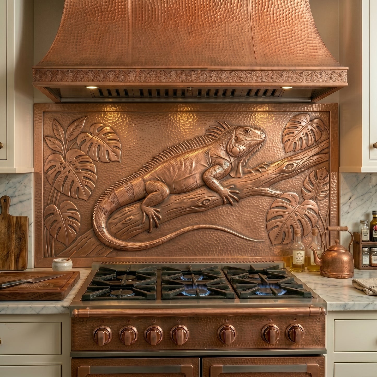 Handmade iguana copper kitchen backsplash featuring detailed scales, tropical monstera leaves, and raised copper relief. A striking choice for tropical kitchens, island homes, botanical interiors, and exotic wildlife decor.