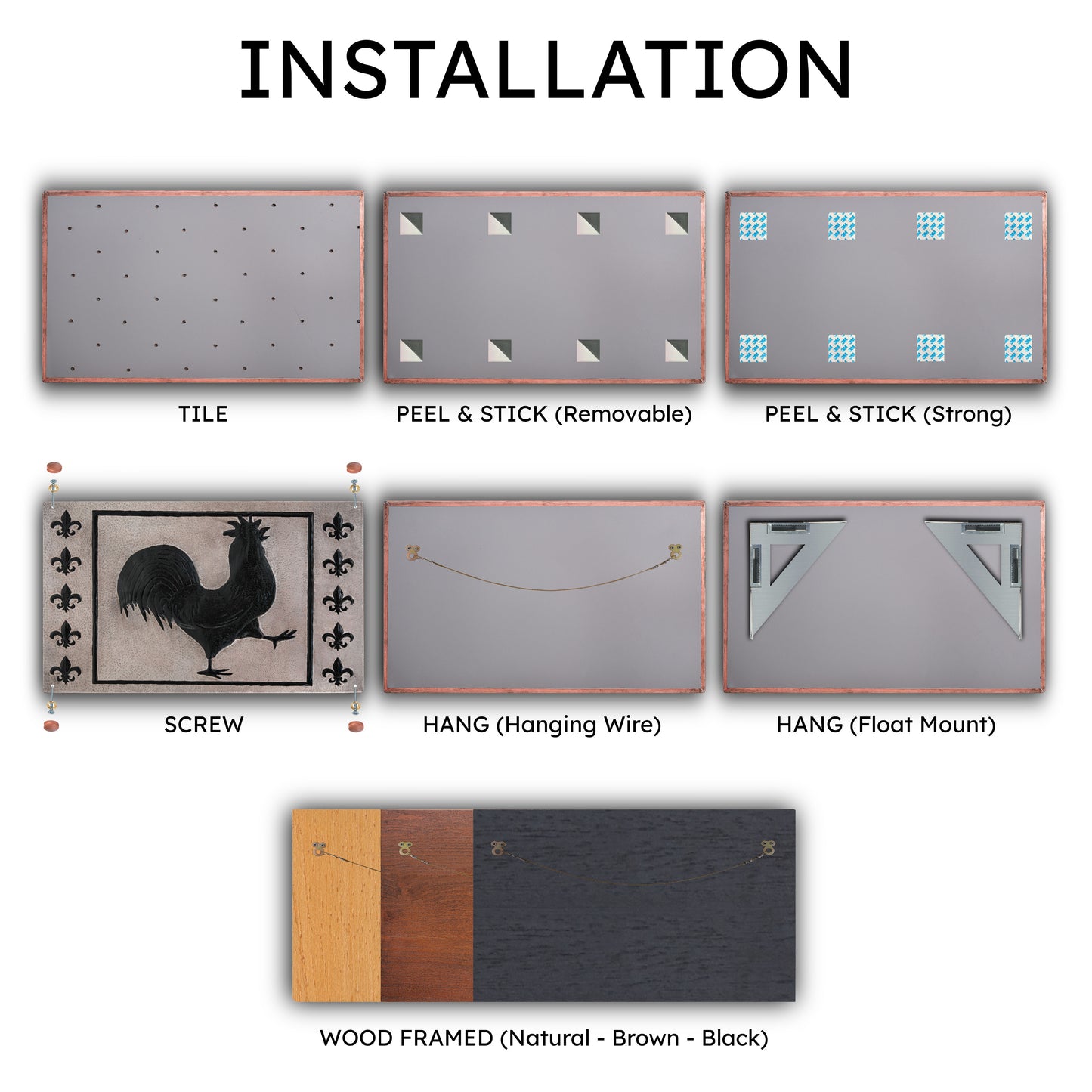 European Kitchen Backsplash Tile - Copper Rooster & Fleur De Lys - Gray & Black