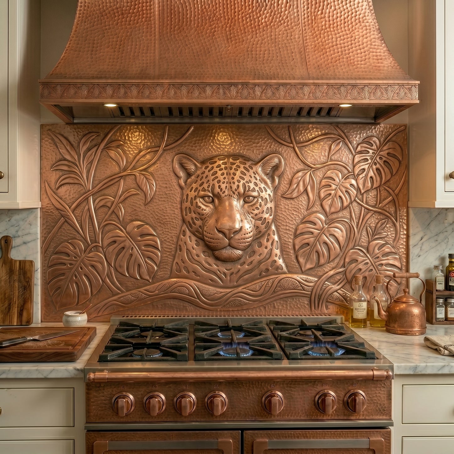 Handcrafted jaguar copper kitchen backsplash featuring raised copper relief, tropical leaves, jungle vines, and wildlife-inspired artistry. A dramatic focal point for luxury kitchens, tropical interiors, rainforest decor, and custom copper wall art.