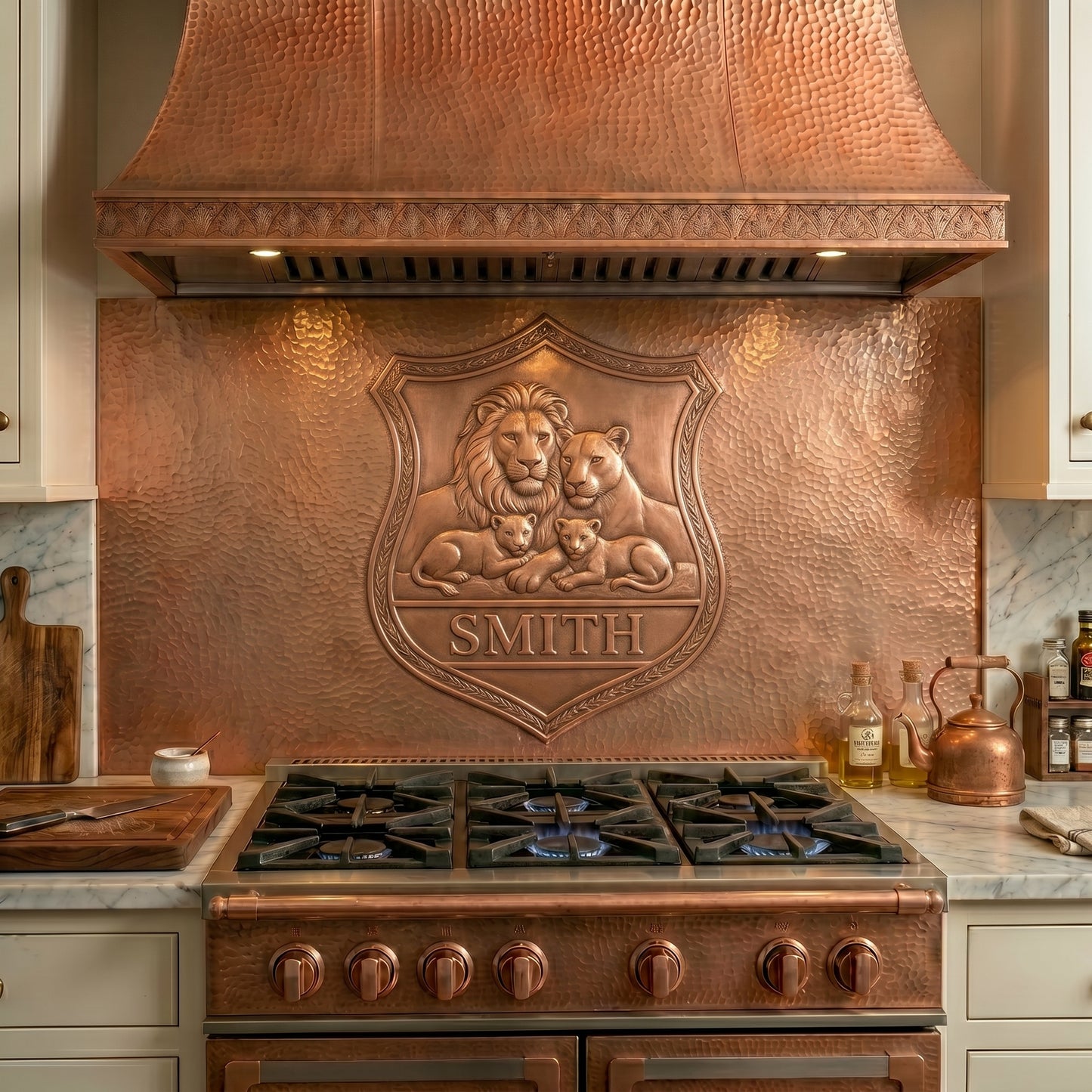 Personalized copper stove backsplash featuring a lion family crest, custom family name, and heraldic shield design. Handmade copper kitchen backsplash available in custom sizes and finishes.