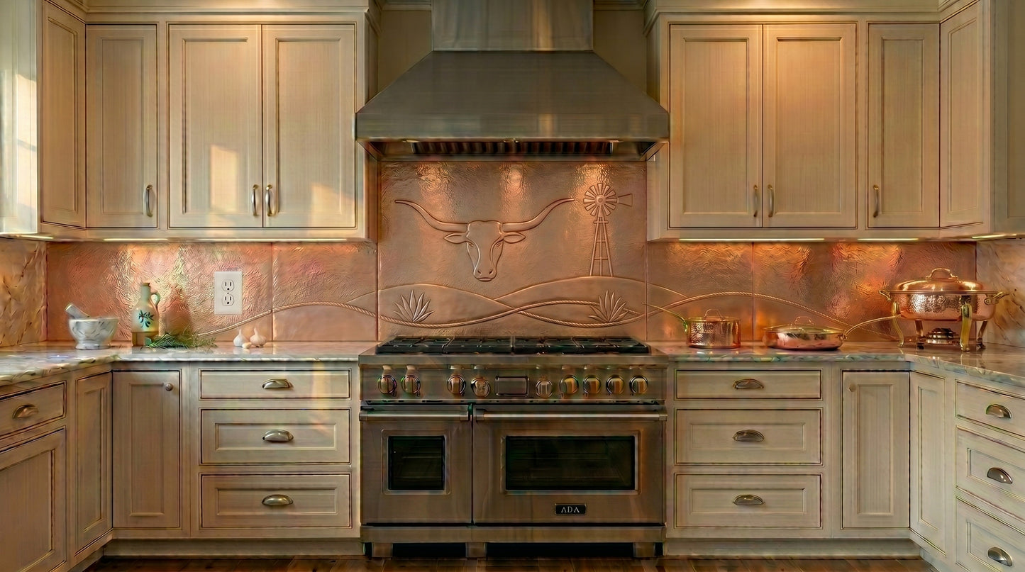 Custom copper backsplash for gas cooktops featuring a longhorn steer, ranch windmill, and Western landscape design. Handmade from real copper and custom built to your exact size.