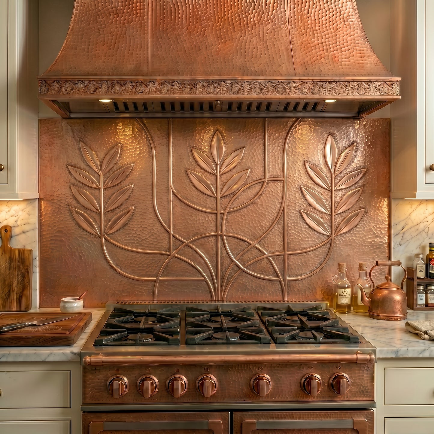 Handmade Modern Style Copper Kitchen Backsplash crafted from real copper. Contemporary botanical design with clean lines and custom sizing. Perfect for modern kitchens and stove backsplash installations.