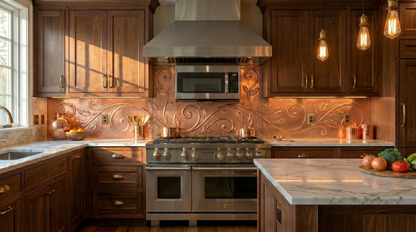 Copper kitchen backsplash for kitchens with a microwave above the stove, featuring handmade ornamental vine scrollwork. Custom made from real copper in your choice of size and finish.