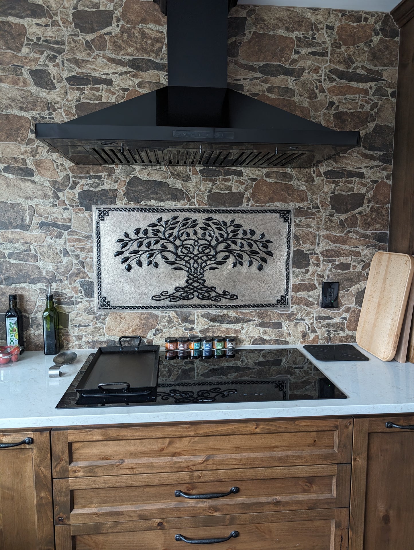 Gray & Black Tree of Life Backsplash | Bold Handmade Copper Kitchen Backsplash Panel - Natuross