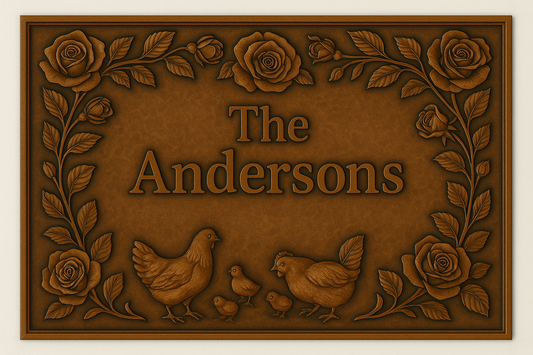 Panneau mural en métal personnalisé avec nom de famille – Poulets et roses