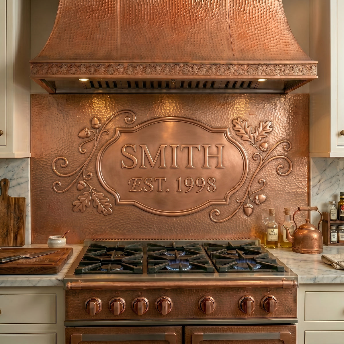 Personalized family name copper stove backsplash handcrafted from real copper. Custom copper kitchen backsplash with family name, established date, oak leaves, and acorn design.
