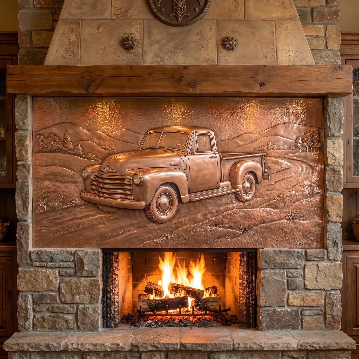 Hand-hammered copper pickup truck wall art displayed above a fireplace, featuring a classic vintage pickup driving on a winding country road with open fields, trees, rolling hills, and clouds, with the truck and landscape formed in raised copper relief.
