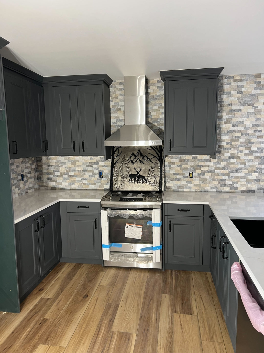 Mountain Pines & Deer Copper Backsplash — Silver–Copper