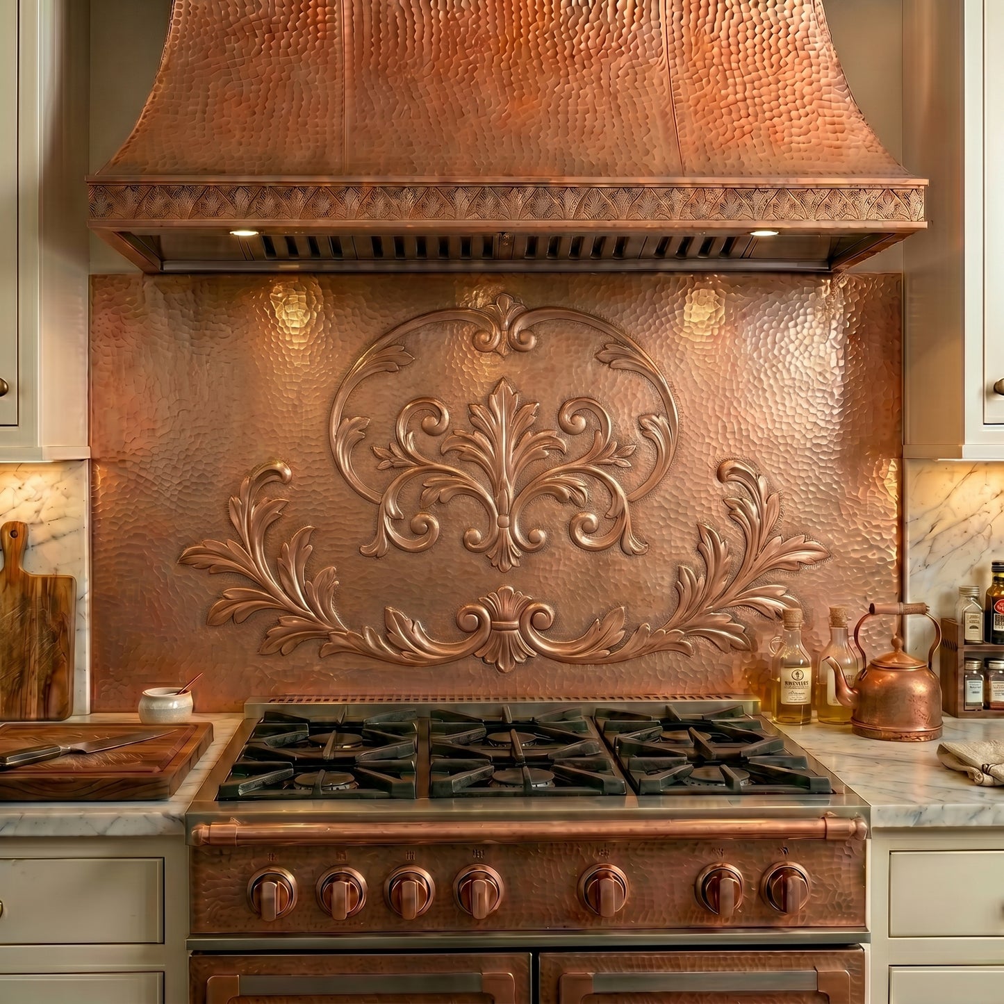 Handmade Renaissance Style Copper Kitchen Backsplash crafted from real copper. Featuring classical European ornament inspired by Italian Renaissance design. Custom sizes available.