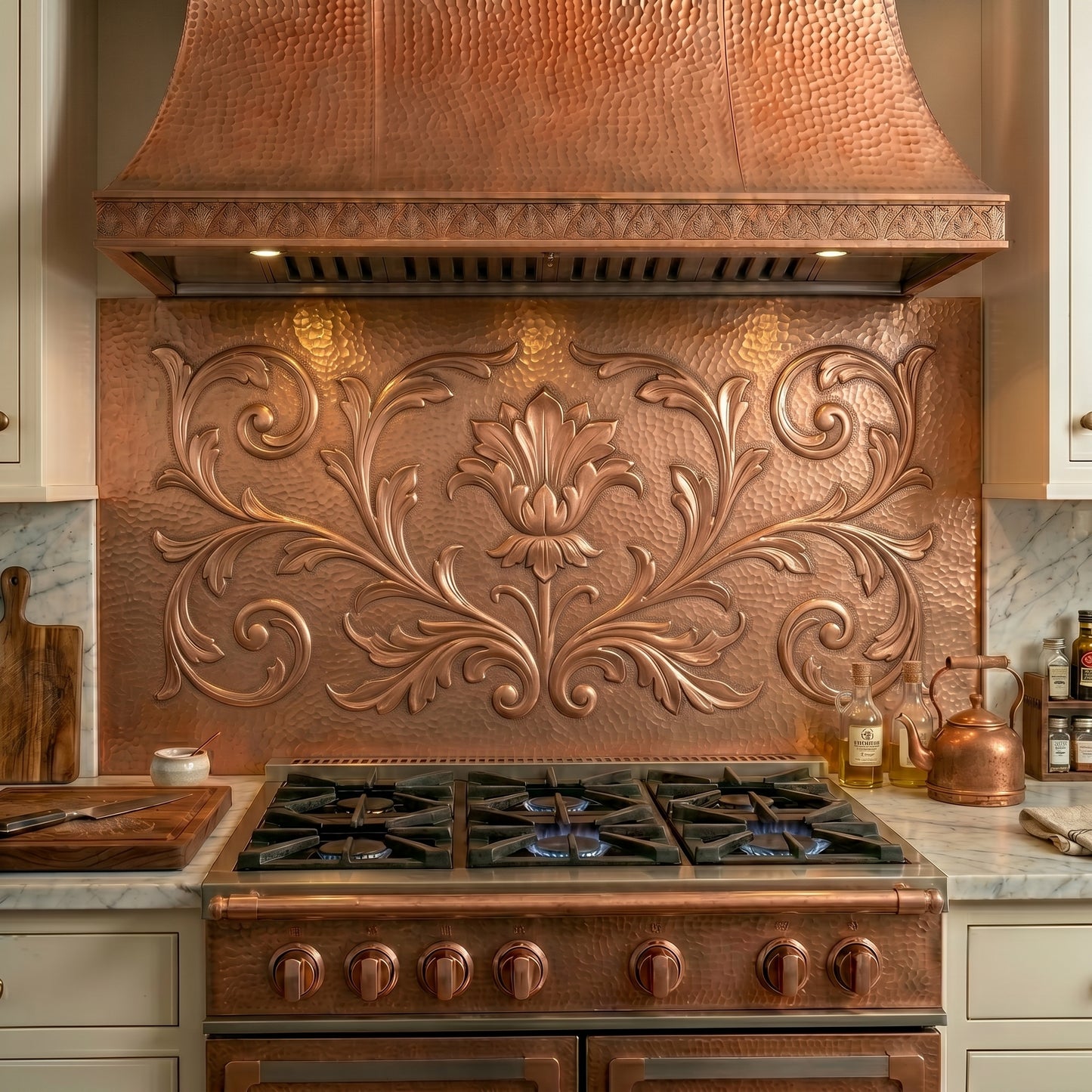 Handmade copper kitchen backsplash featuring elegant acanthus scrollwork and ornamental floral relief. Custom copper stove backsplash panel crafted from real copper and available in custom sizes and finishes for traditional, French country, Mediterranean, and luxury kitchens.