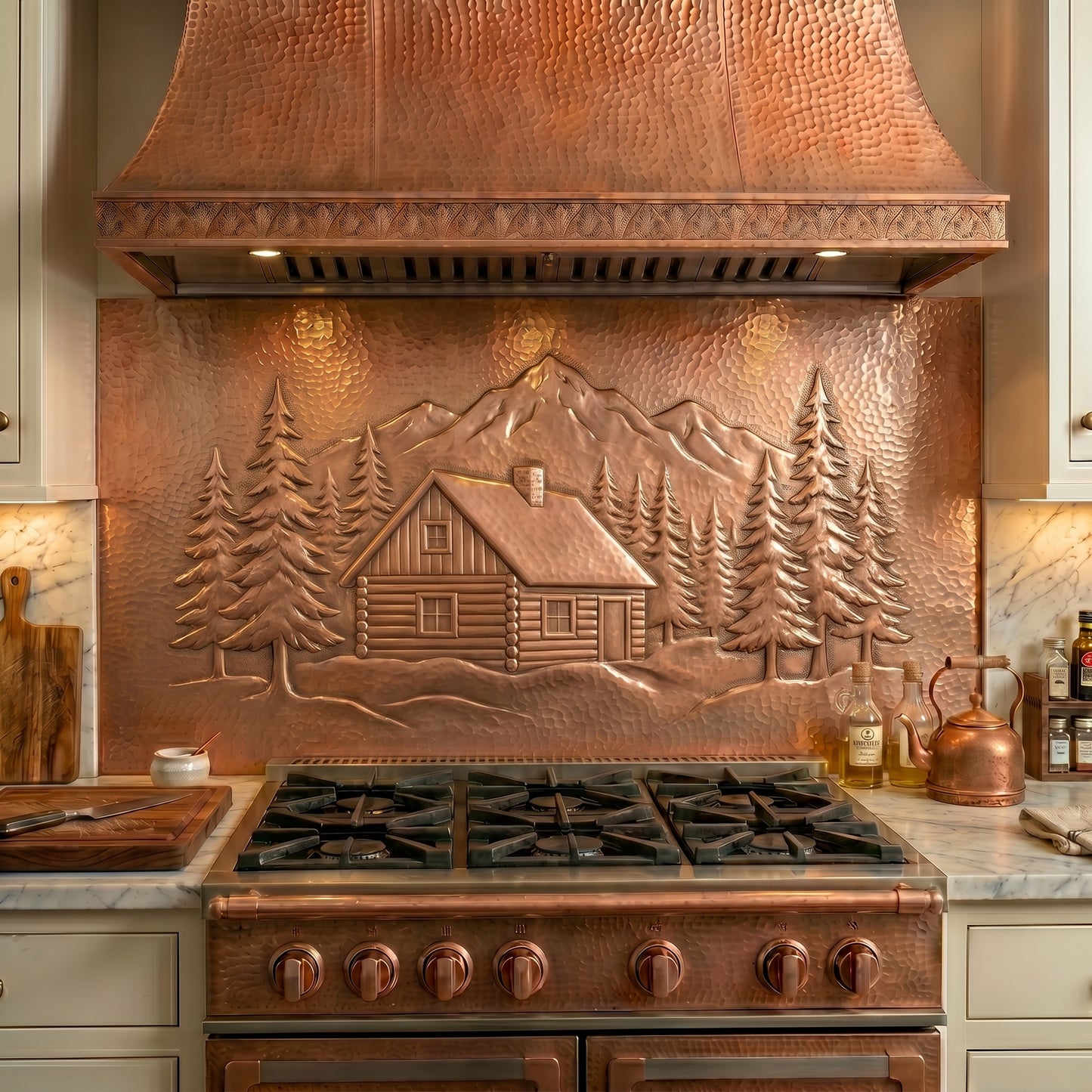 Handmade Rustic Lodge Style Copper Kitchen Backsplash crafted from real copper. Featuring a mountain cabin, pine forest, and wilderness scenery. Custom sizes available. Perfect for lodge, cabin, mountain, and rustic kitchens.