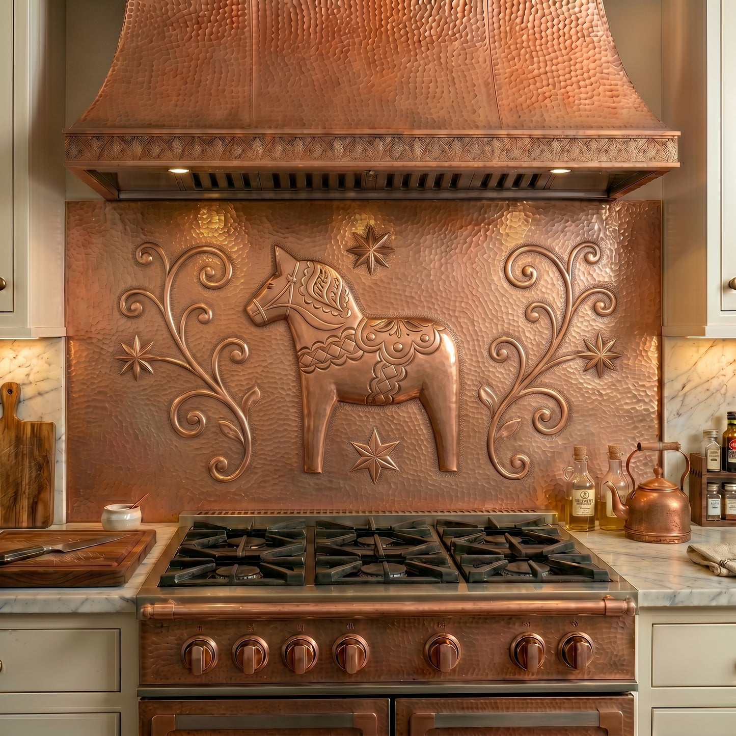 Handmade Scandinavian Folk Style Copper Kitchen Backsplash crafted from real copper. Inspired by Nordic folk art and the iconic Swedish Dala horse. Custom sizes available.