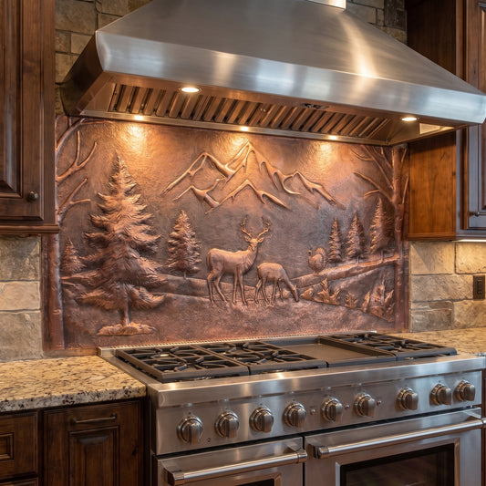 Mountain Pines & Deer Copper Backsplash — Brown Copper