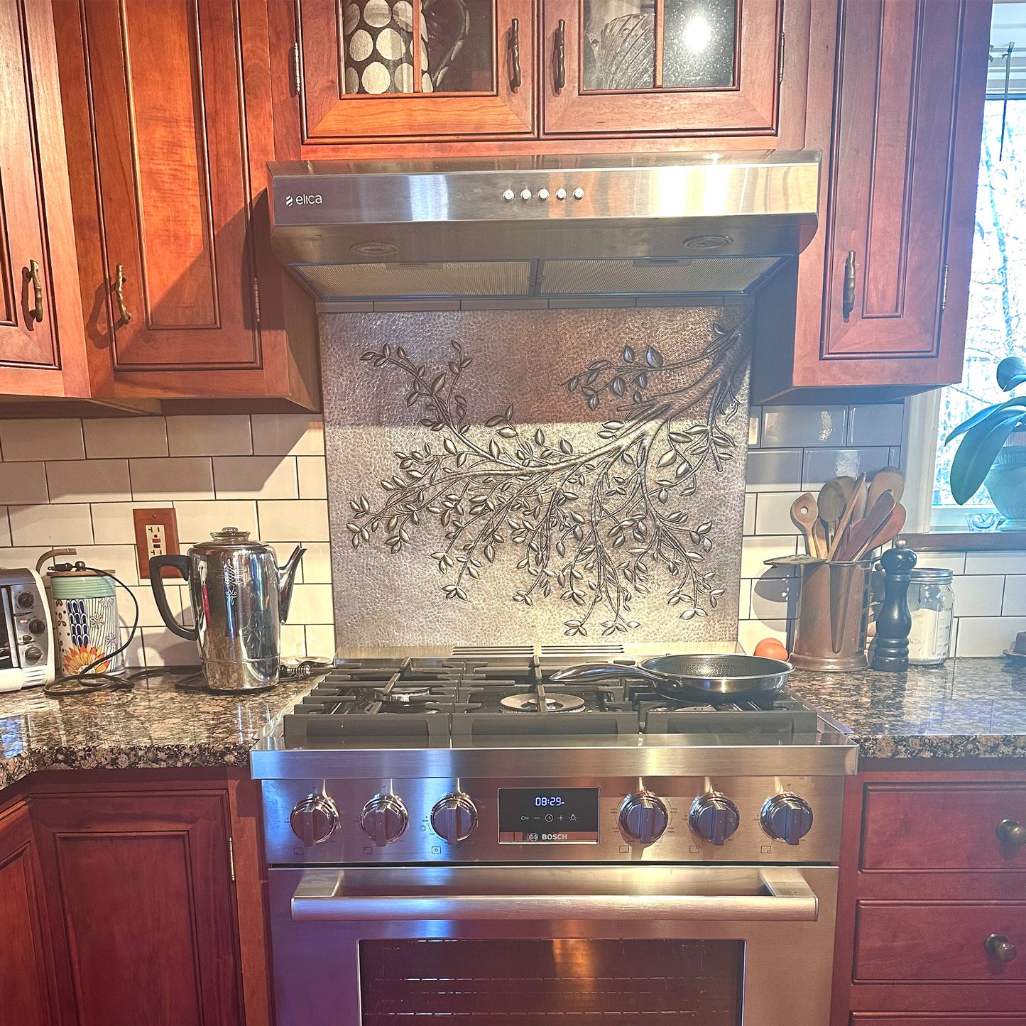 Gray Tree Branches Copper Backsplash | Modern Farmhouse Handmade Copper Kitchen Backsplash Panel