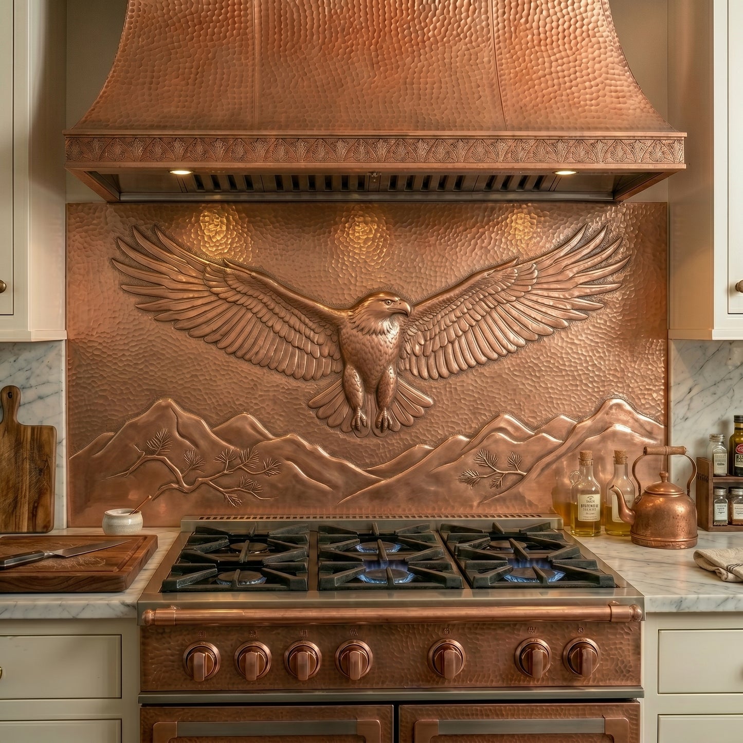 Handmade soaring eagle copper kitchen backsplash for behind the stove. Custom wildlife wall decor featuring a majestic eagle in flight above mountain peaks and wilderness landscapes.