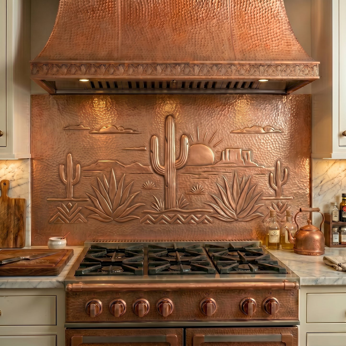 Handmade Southwestern Style Copper Kitchen Backsplash crafted from real copper. Featuring desert cacti, agave plants, mesas, and Southwestern-inspired patterns. Custom sizes available. Perfect for Southwestern, Santa Fe, Arizona, and desert-style kitchens.