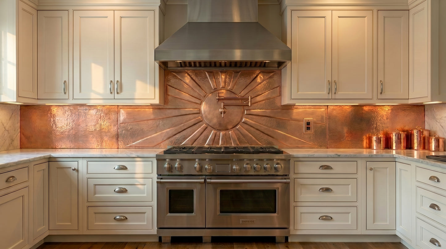 Copper kitchen backsplash with pot filler, handmade from real copper with a raised sunburst design. Custom copper stove backsplash available in your choice of size and finish.