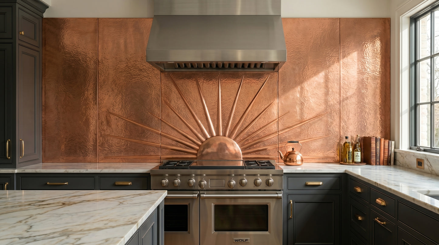 Handcrafted full-height copper kitchen backsplash featuring a dramatic sunburst design with radiating rays. Real copper feature wall panels custom made for luxury kitchens. Available in custom sizes and multiple finishes.