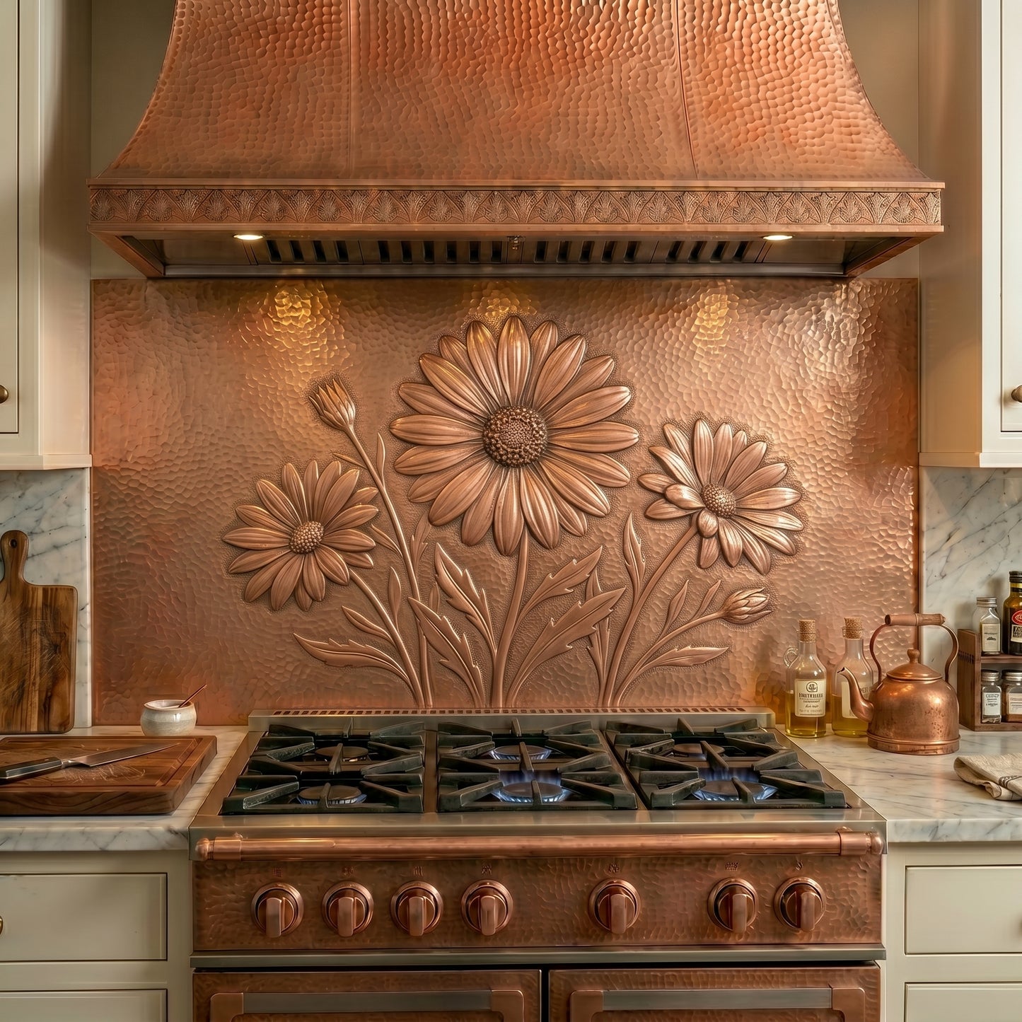 Handmade copper kitchen backsplash featuring elegant daisy blooms in raised relief. Custom copper stove backsplash panel crafted from real copper and available in custom sizes and finishes for farmhouse, cottage, and garden-inspired kitchens.