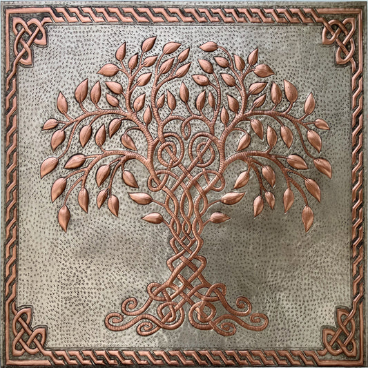 A square decorative wall plaque featuring a raised Celtic-style tree of life with copper-toned branches and leaves on a textured gray background, surrounded by an ornate braided border.