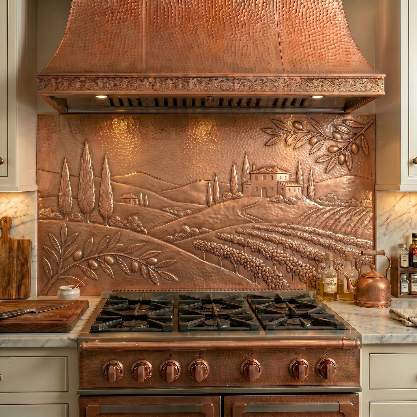 Handmade Tuscan Style Copper Kitchen Backsplash crafted from real copper. Featuring vineyards, olive branches, cypress trees, and a Tuscan villa inspired by the Italian countryside. Custom sizes available. Perfect for Tuscan, Mediterranean, and Old World kitchens.